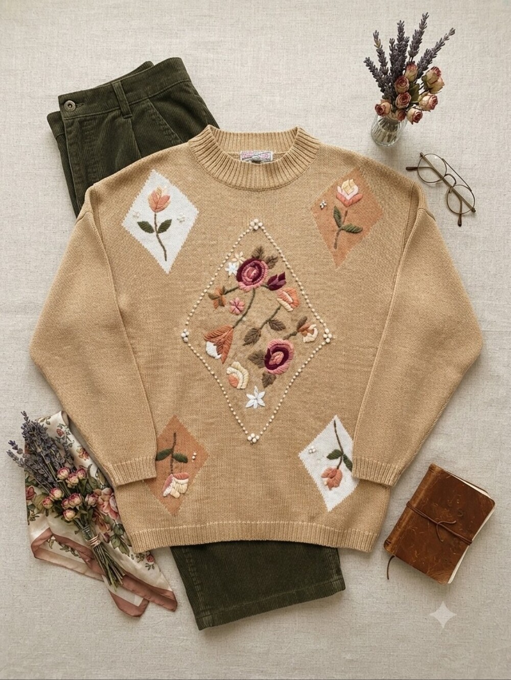 Vintage Spice of Life Floral & Pearls Embroidered Oversized Sweater